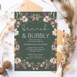 Dark Green Boho Wildflower Bridal Shower Brunch Invitation