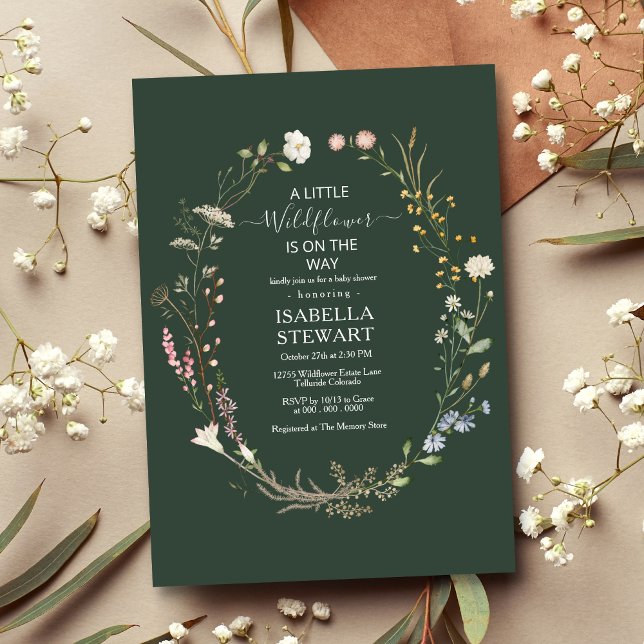 Dark Green Boho Wildflower Theme  Chic Baby Shower Invitation (Creator Uploaded)