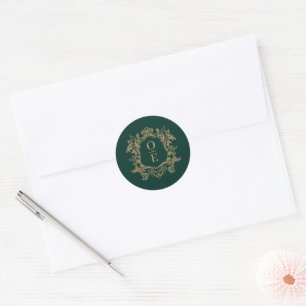 Dark Green Botanical Crest Custom Monogram Initial Classic Round Sticker