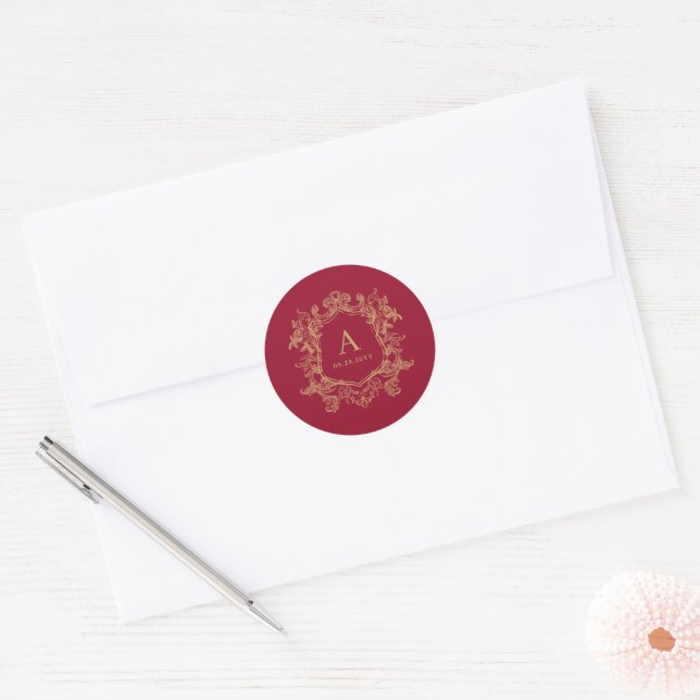 Dark Green Botanical Crest Custom Monogram Initial Classic Round Sticker (Envelope)