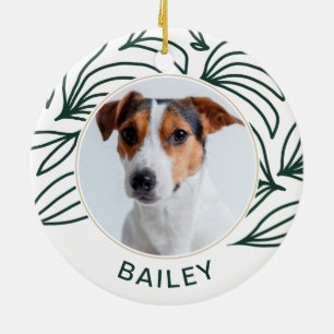 Dark Green Botanical Dog Photo and Name Christmas Ceramic Tree Decoration