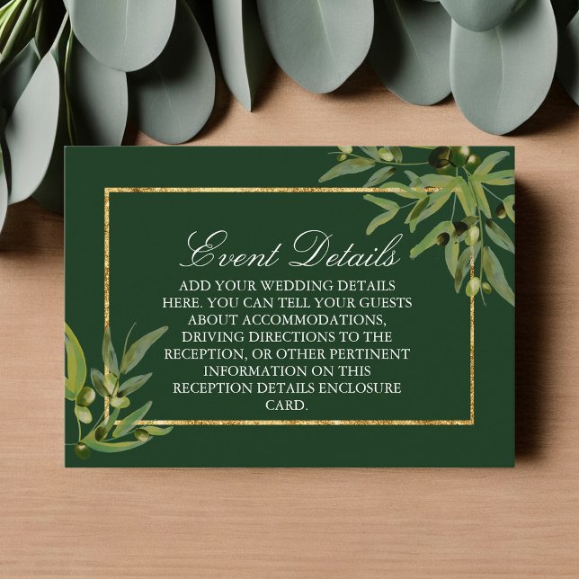 Dark Green Botanical Gold Wedding Event Details Enclosure Card (Creator Uploaded)
