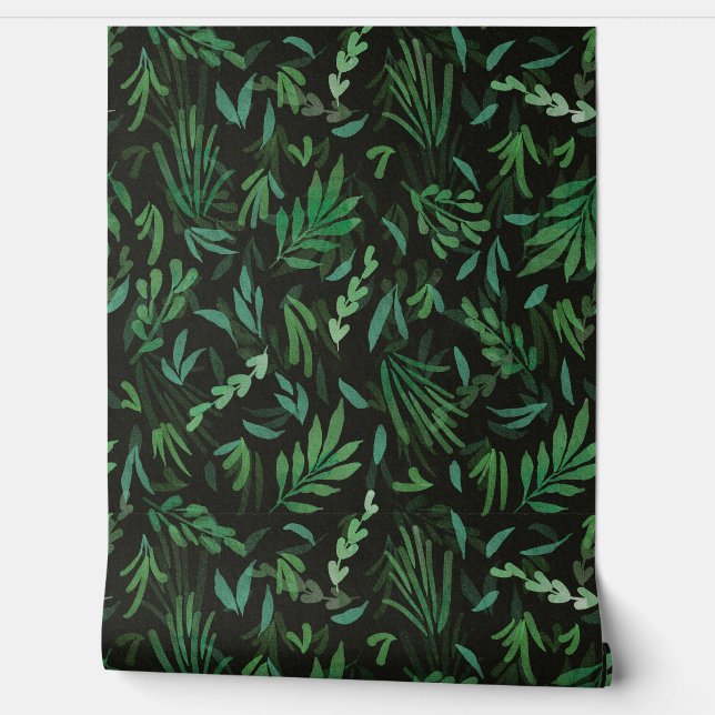 Dark Green Botanical Leaves Peel and Stick Moody Wallpaper (Unrolling)