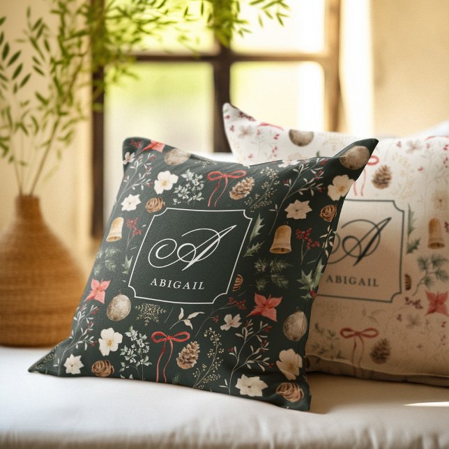 Dark Green Botanical Personalised Monogram Cushion (Creator Uploaded)