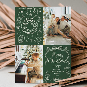 Dark Green Bows Hand Drawn Merry Christmas 2 Photo Holiday Card