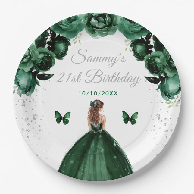 Dark Green Brown Hair Princess Birthday Party Paper Plate (Front)