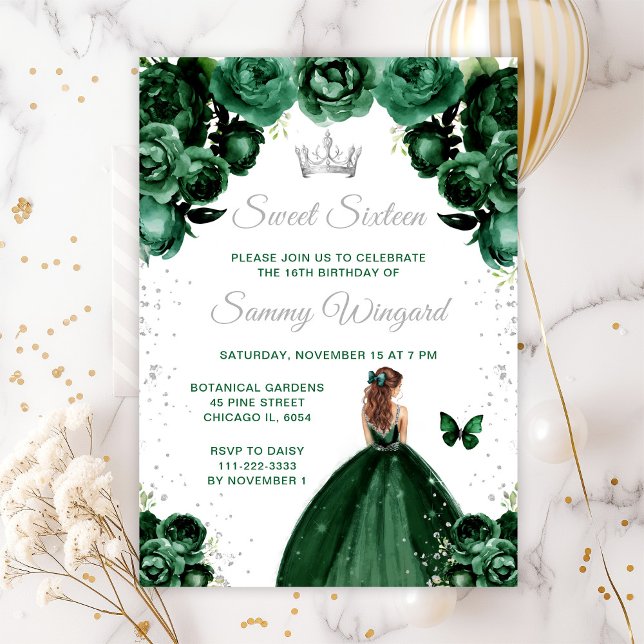 Dark Green Brown Hair Princess Sweet Sixteen Invitation (Creator Uploaded)