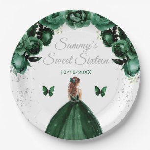 Dark Green Brown Hair Princess Sweet Sixteen Paper Plate