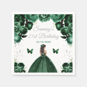 Dark Green Brunette Hair Princess Birthday Party Napkin