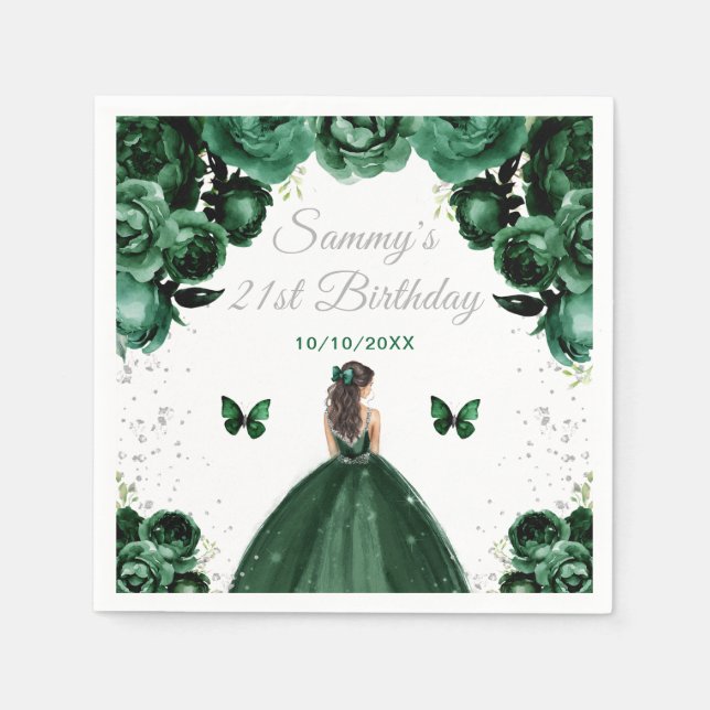 Dark Green Brunette Hair Princess Birthday Party Napkin (Front)