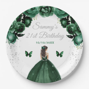 Dark Green Brunette Hair Princess Birthday Party Paper Plate