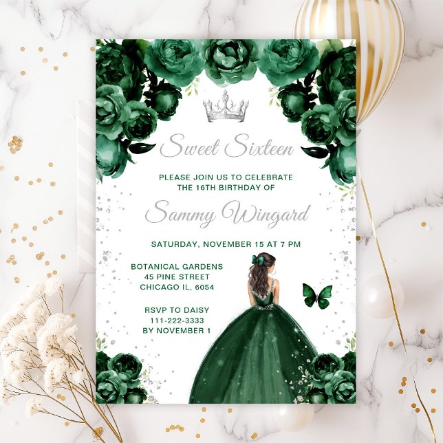 Dark Green Brunette Hair Princess Sweet Sixteen Invitation (Creator Uploaded)