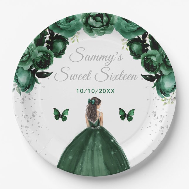 Dark Green Brunette Hair Princess Sweet Sixteen Paper Plate (Front)