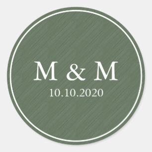 Dark Green Brushed Wedding Classic Monogram Round Sticker
