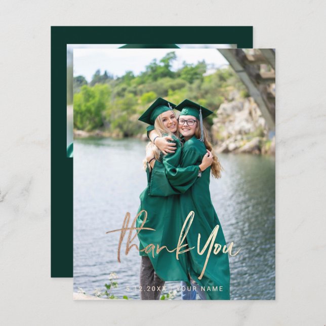 Dark Green Budget Graduation Thank You Photo Cards (Front/Back)