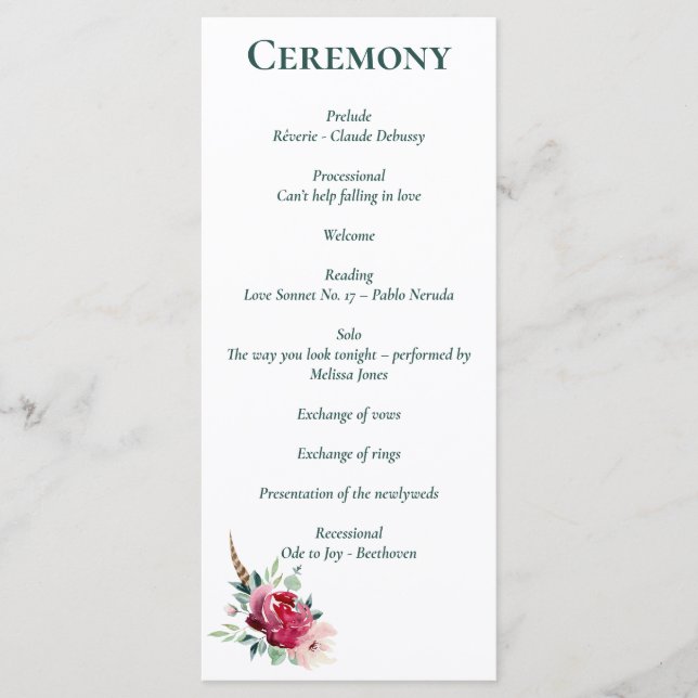Dark Green, Burgundy & Blush Boho  Floral Program Programme (Front)
