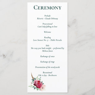Dark Green, Burgundy & Blush Boho  Floral Program Programme