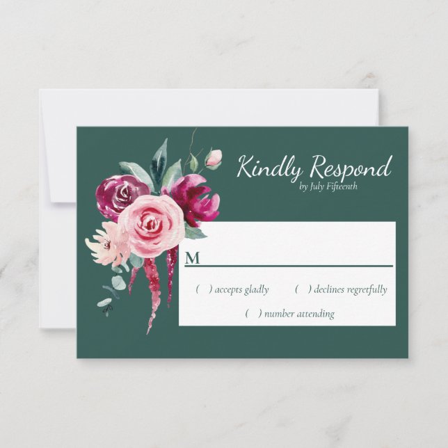 Dark Green, Burgundy & Blush Boho  RSVP Card (Front)