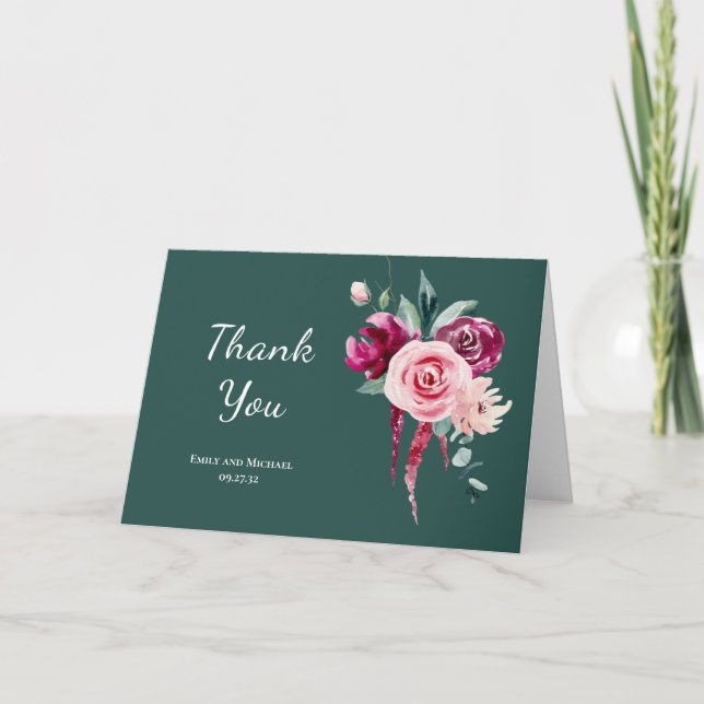 Dark Green, Burgundy & Blush Boho  Thank You Note Card (Front)