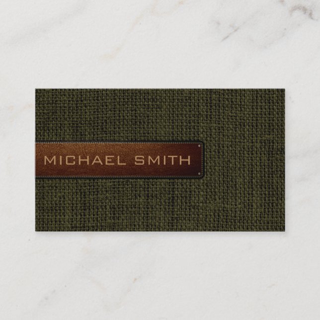 Dark Green Burlap Linen Rustic Jute Look Leather Business Card (Front)