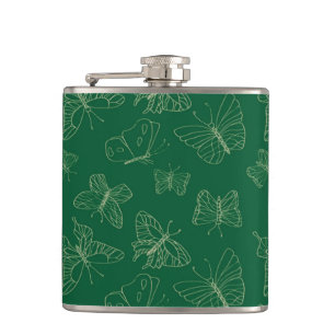 Dark Green Butterfly Print, Nature Inspired Hip Flask