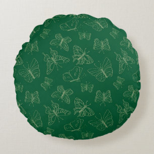 Dark Green Butterfly Print, Nature Inspired Round Cushion