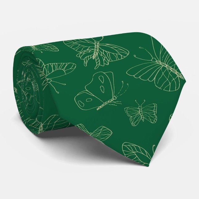 Dark Green Butterfly Print, Nature Inspired Tie (Rolled)