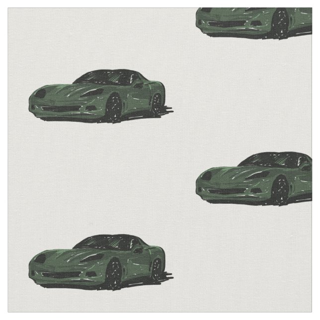 Dark Green C6 Corvette Hand Drawn Sketch Fabric (Close Up)