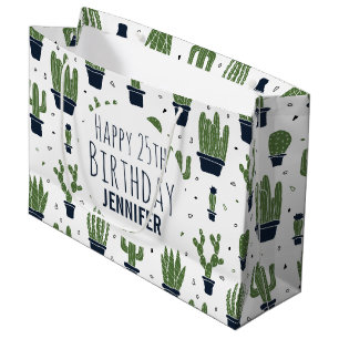 Dark Green Cactus Desert Pattern Happy Birthday Large Gift Bag