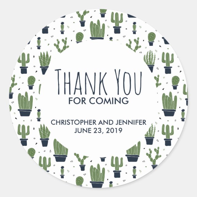 Dark Green Cactus Pattern Wedding Thank You Classic Round Sticker (Front)