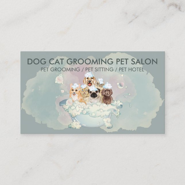 Dark Green Cats Dogs Pet Groomer Business Card (Front)