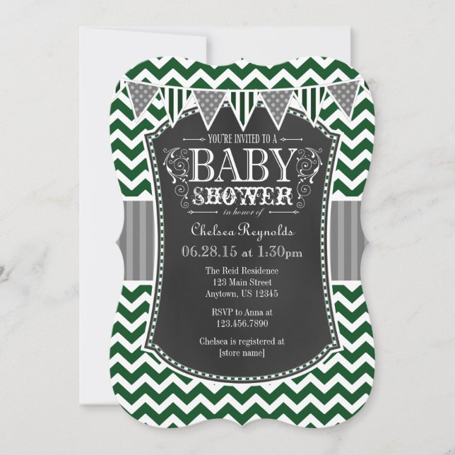 Dark Green Chalkboard Chevron Baby Shower Invite (Front)