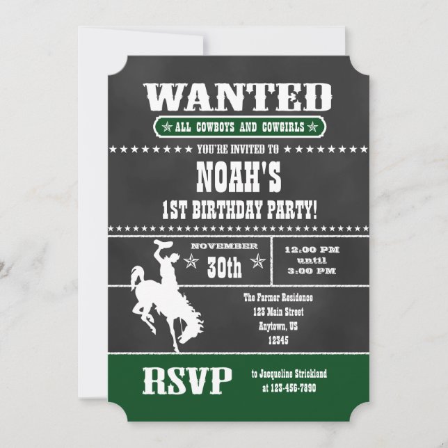 Dark Green Chalkboard Cowboy Birthday Invitation (Front)