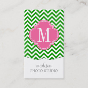 Dark Green Chevron Zigzag Personalised Monogram Business Card