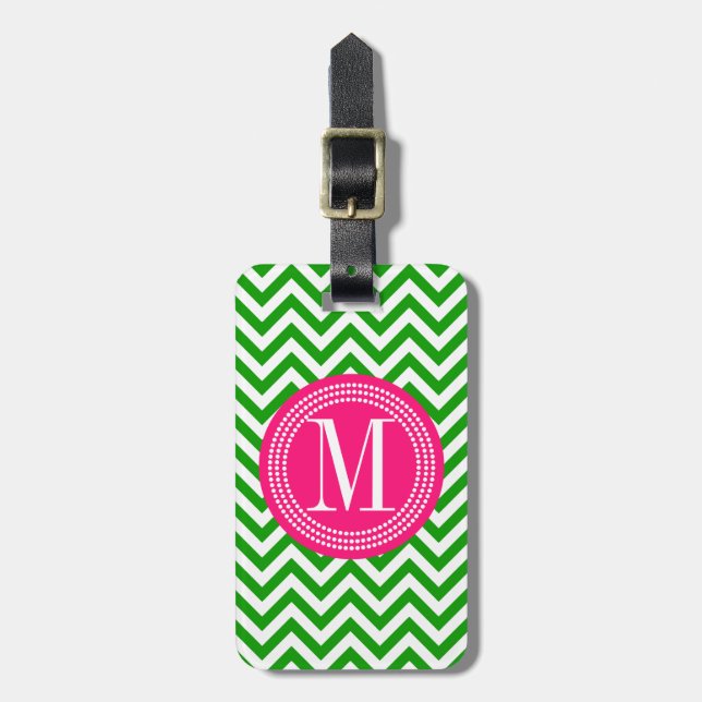 Dark Green Chevron Zigzag Personalised Monogram Luggage Tag (Front Vertical)