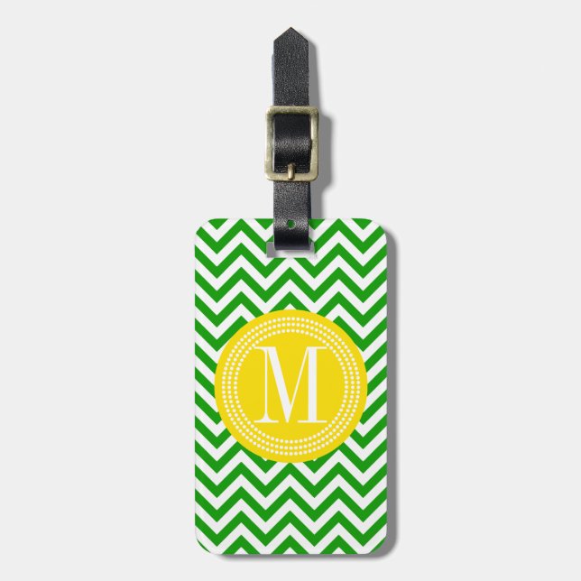 Dark Green Chevron Zigzag Personalised Monogram Luggage Tag (Front Vertical)