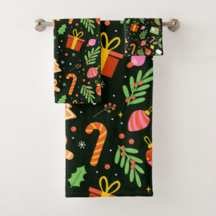 Dark Green Christmas Abstract Pattern Bath Towel Set