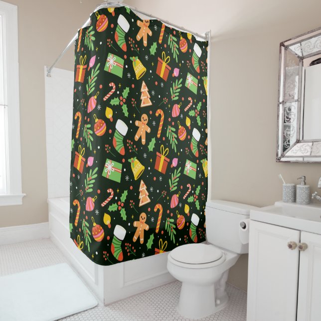 Dark Green Christmas Abstract Pattern Shower Curtain (In Situ)