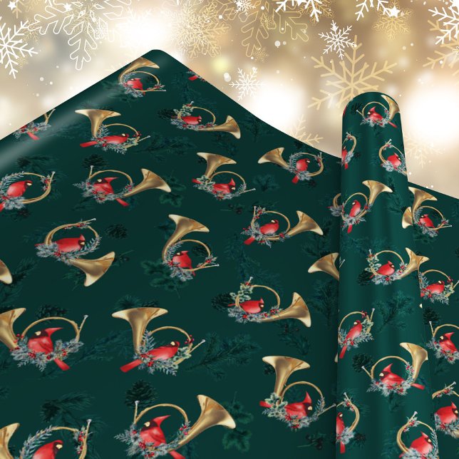 Dark Green Christmas Music Cardinals in Post Horns Wrapping Paper (Creator Uploaded)