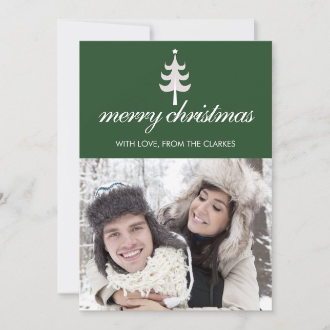 Dark Green Christmas Photo Flat Cards with Tree (Front)