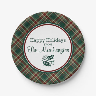 Dark Green Christmas Plaid Personalised Paper Plate