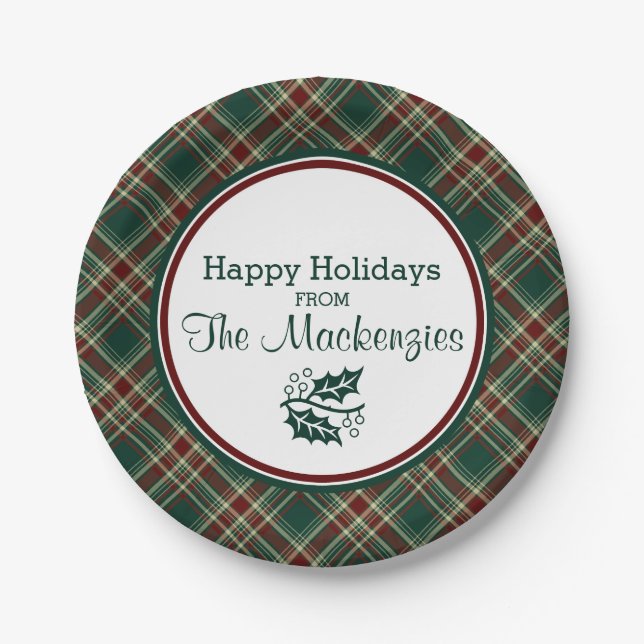 Dark Green Christmas Plaid Personalised Paper Plate (Front)