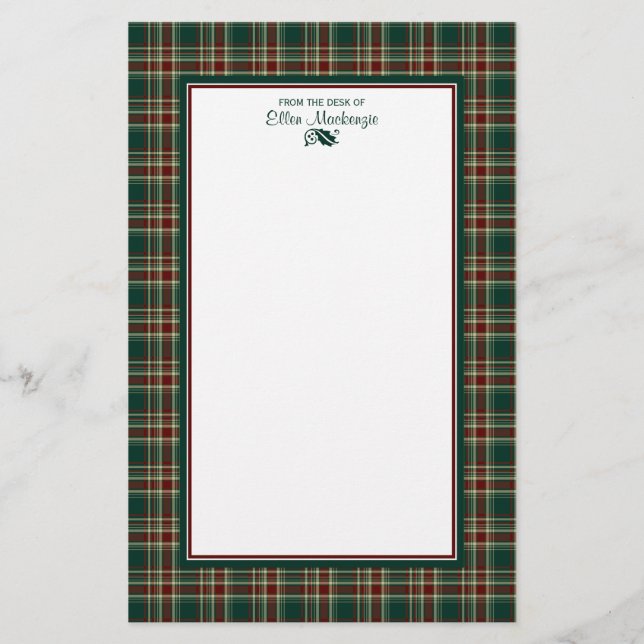 Dark Green Christmas Plaid Personalised Stationery (Front)