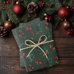 Dark Green Christmas Watercolor Rustic Pine Bough  Wrapping Paper Sheet<br><div class="desc">Elegant Christmas Watercolor Dark Green Rustic Pine Bough Gift Wrap Sheets featuring a sprig of gentle modern greenery of pine and berries in 3 distinct sizes on a forest green background. Please contact us at cedarandstring@gmail.com if you need assistance with the design or matching products.</div>