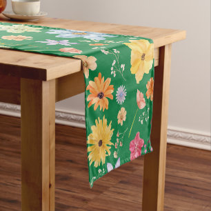 Dark Green Colour With Flowers Designs Short Table Runner