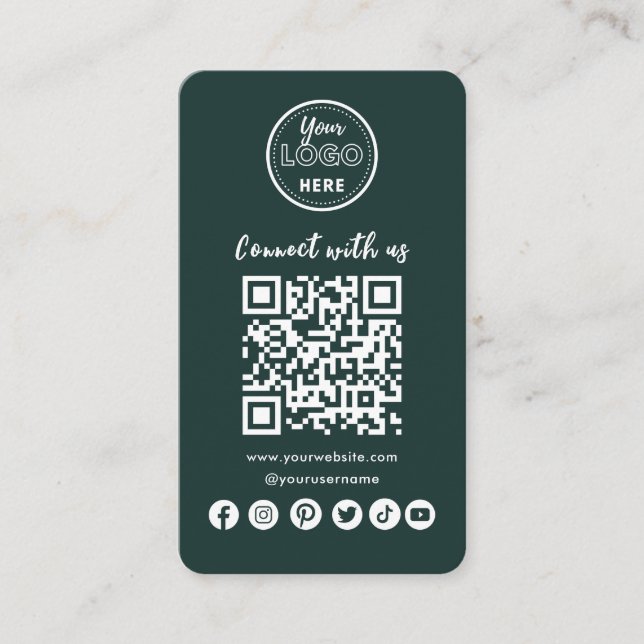 Dark Green Connect With Us Social Media QR Code Business Card (Front)
