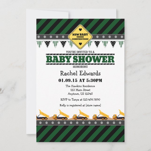 Dark Green Construction Baby Shower Invitation (Front)