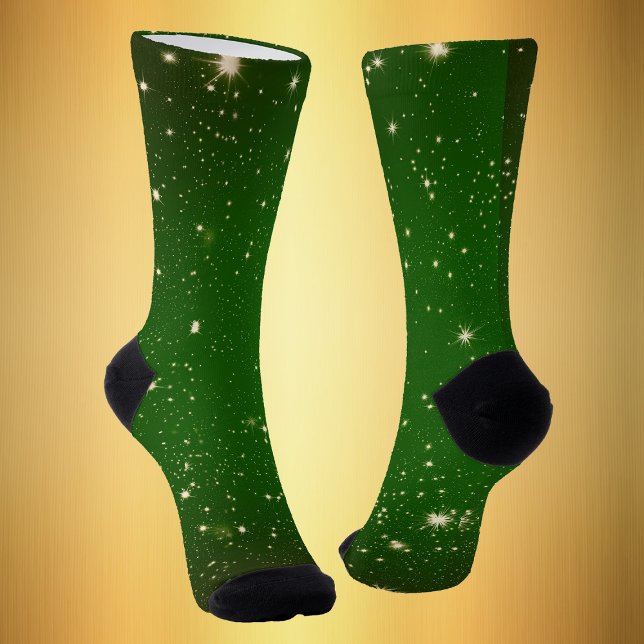 Dark Green Covered in Bright Gold Twinkle Stars Socks (Christmas galaxy pattern with gold twinkling stars on dark green crew socks.)