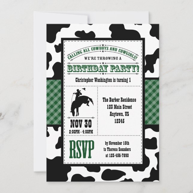 Dark Green Cowhide Cowboy Birthday Invitation (Front)