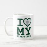 Dark Green Custom I love my girlfriend photo text Coffee Mug<br><div class="desc">Create your own Cool Dark green I Love My Girlfriend custom Photo and Text mug with this modern and funny shirt template featuring a cool slab serif font and girlfriend photo into a huge red heart. Add your own photo, your name or any personalised text. The "I love My Girlfriend"...</div>